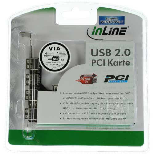 Naar omschrijving van 66673V - InLine PCI USB 2.0 host controller kaart (4-ext, 1-int. Poorten)