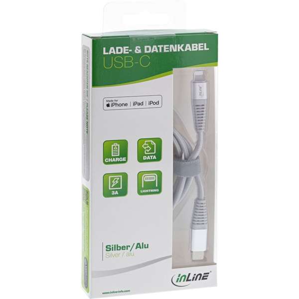 Naar omschrijving van 31450A - InLine USB-C Lightning cable, for iPad, iPhone, iPod, silver/aluminium, 1m