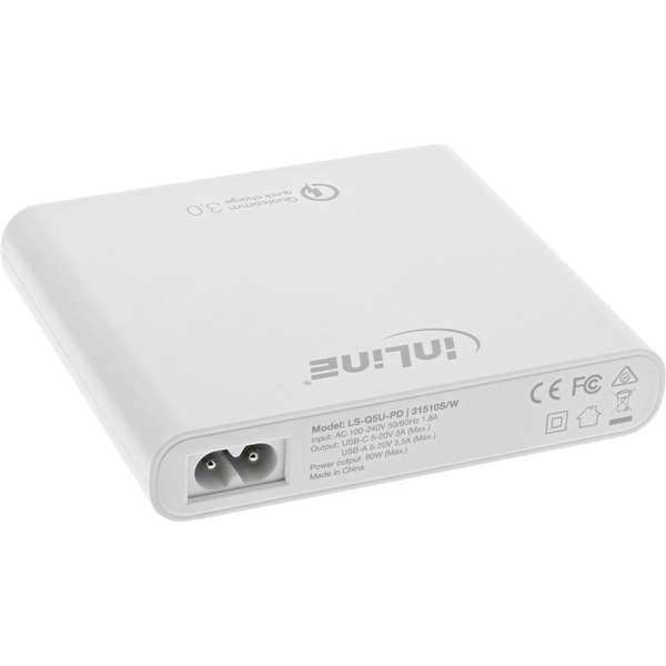 Naar omschrijving van 31510W - Quick Charge 3.0 USB notebook power supply, 4x USB A + USB Type-C, 80W, white
