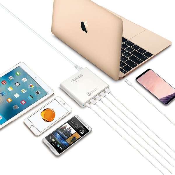 Naar omschrijving van 31510W - Quick Charge 3.0 USB notebook power supply, 4x USB A + USB Type-C, 80W, white