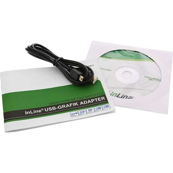 Naar omschrijving van 33283 - InLine USB Graphics Card USB 2.0 to DVI with DVI to VGA & DVI to HDMI Adapter