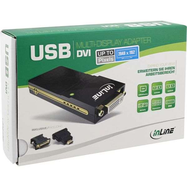 Naar omschrijving van 33283 - InLine USB Graphics Card USB 2.0 to DVI with DVI to VGA & DVI to HDMI Adapter