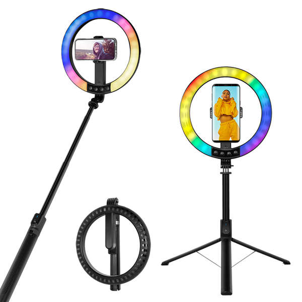 Naar omschrijving van AA0156 - Smartphone ring light with selfie stick tripod, remote shutter