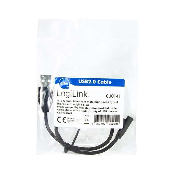 Naar omschrijving van CU0141 - USB 2.0 cable, USB-A/M to Micro-USB/M (90Â°),fabric,metal,black, 0.3 m