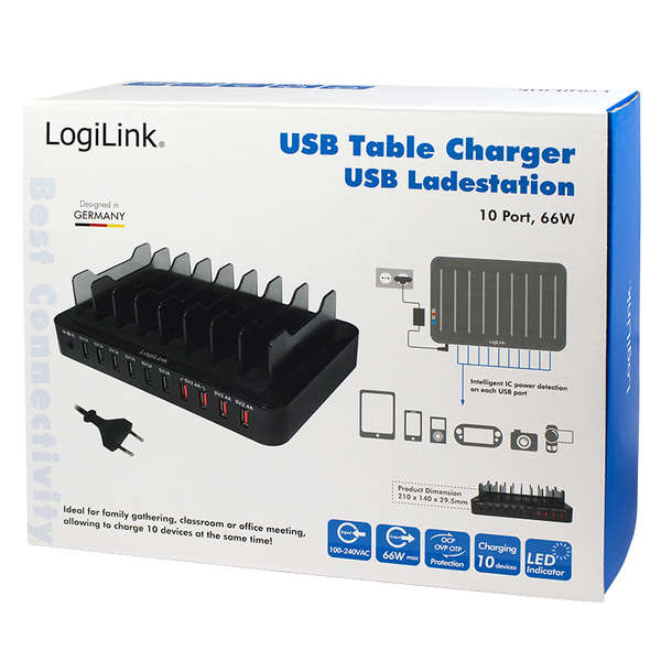 Naar omschrijving van PA0141 - USB charging station, 10x USB ports, 66W